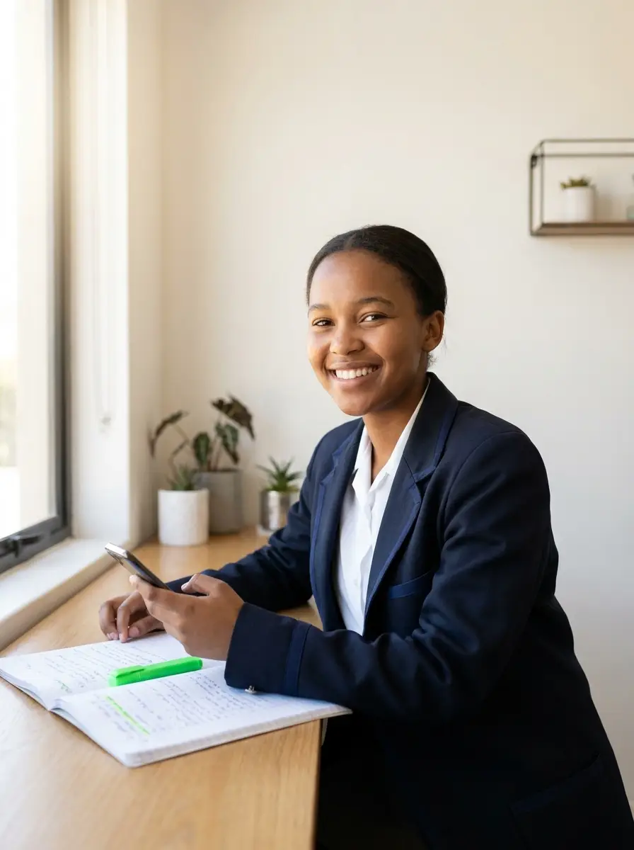 A South African high-school learner studying with PassPath on her phone
