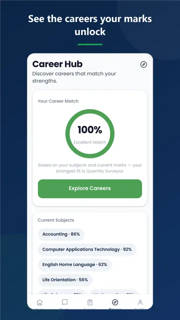 Career Hub showing a 100 percent career match