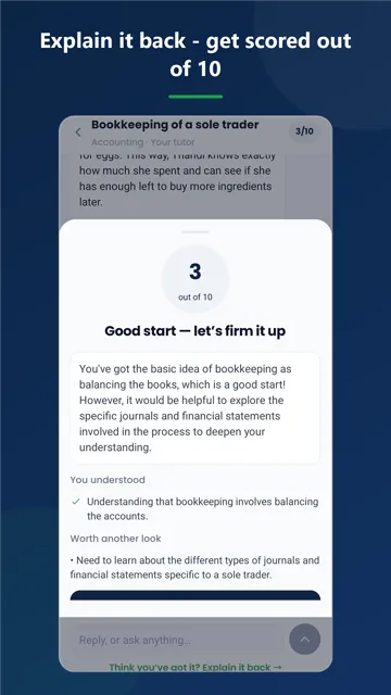 Explain-it-back scoring a student's answer 3 out of 10 with feedback
