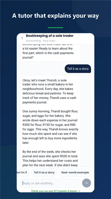 The AI tutor teaching bookkeeping as a story